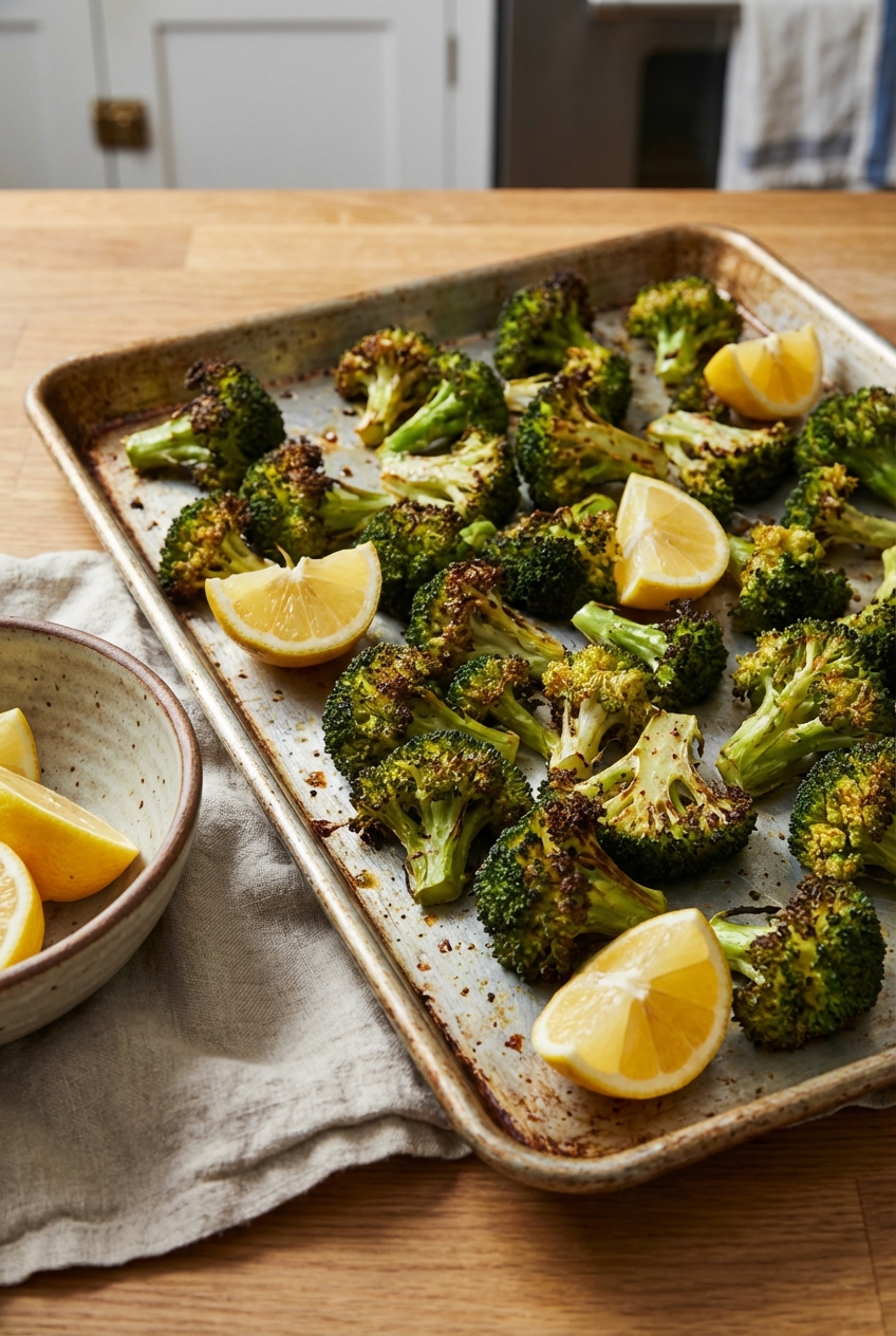A real photograph of roasted broccoli on a sheet pan with browned edges and lemon wedges nearby