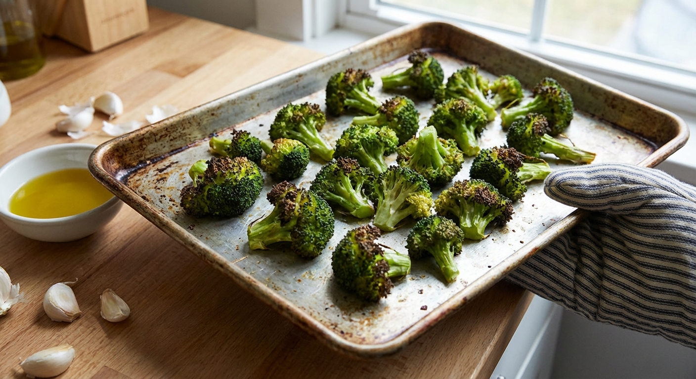A real photograph of roasted broccoli with browned edges on a sheet pan