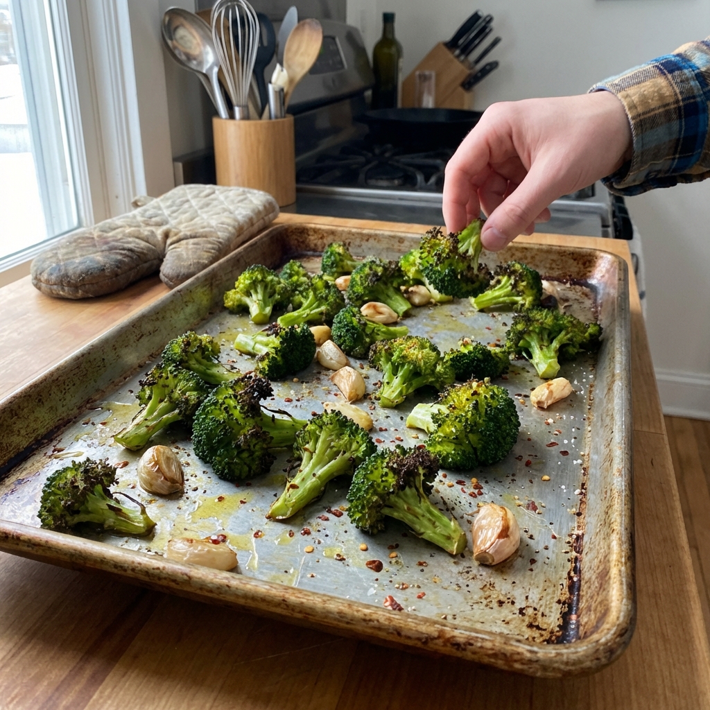 A real photograph of roasted broccoli with garlic on a sheet pan