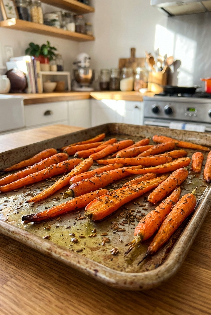 A real photograph of roasted carrots on a sheet pan with toasted spices