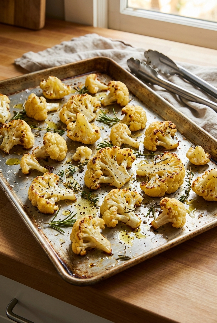 A real photograph of roasted cauliflower florets browned on a sheet pan