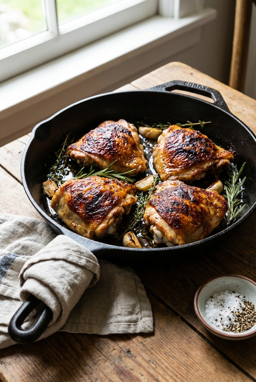 A real photograph of roasted chicken thighs with crisp skin in a cast iron skillet