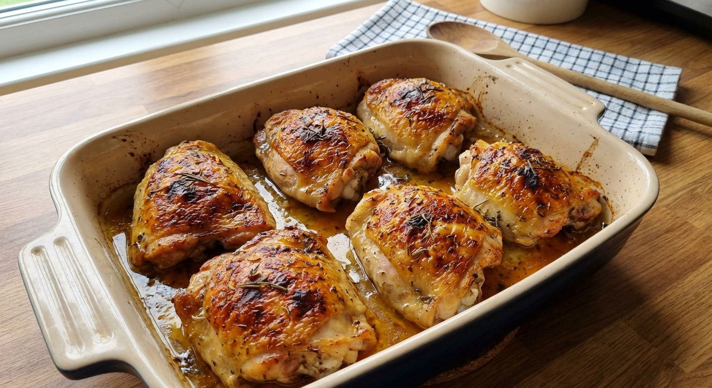 A real photograph of roasted chicken thighs with crispy skin in a baking dish