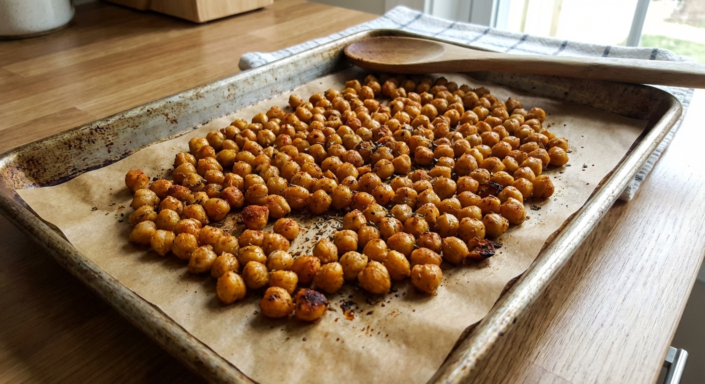 A real photograph of roasted chickpeas on a parchment-lined sheet pan, golden and crisp with visible spices