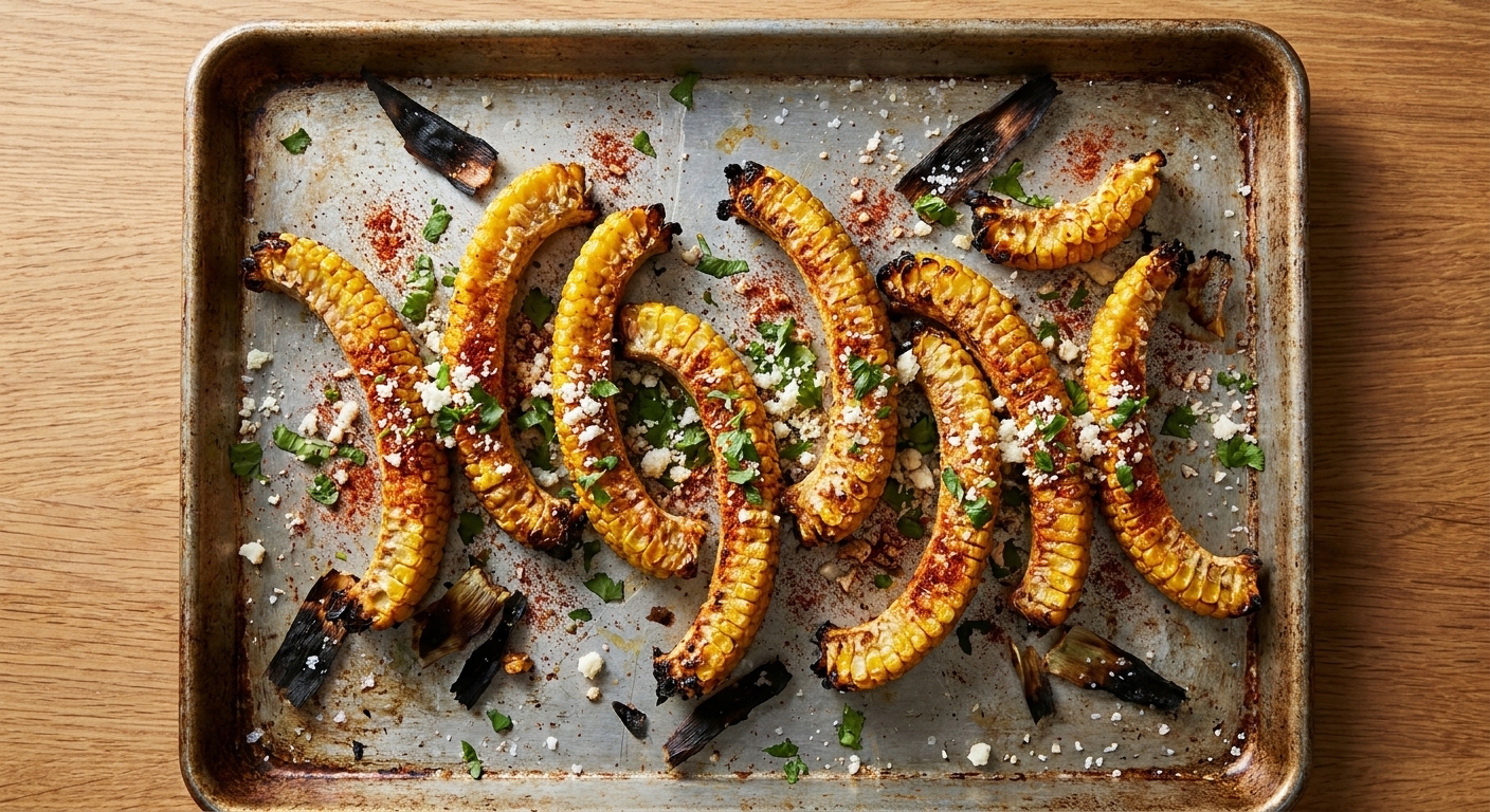 A real photograph of roasted corn ribs curling on a metal sheet pan with visible charred edges and scattered spices, photographed from above