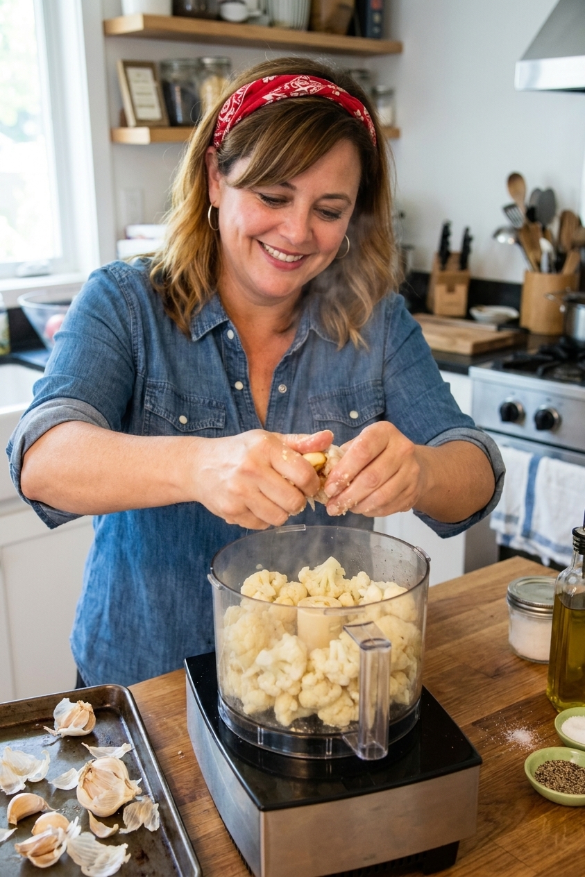 A real photograph of roasted garlic cloves being squeezed from their skins into a food processor bowl with cooked cauliflower inside, kitchen counter scene