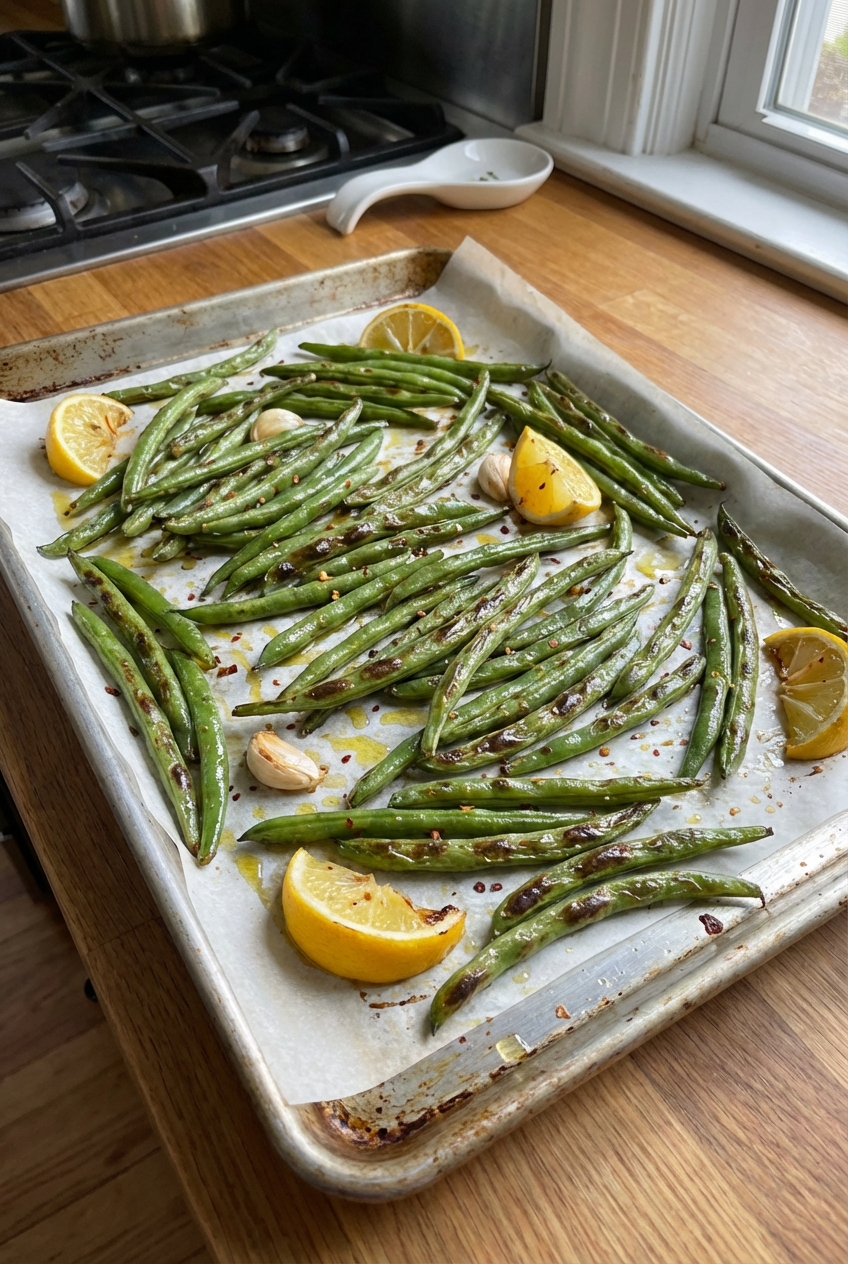 A real photograph of roasted green beans on a sheet pan with browned blistered spots and lemon wedges