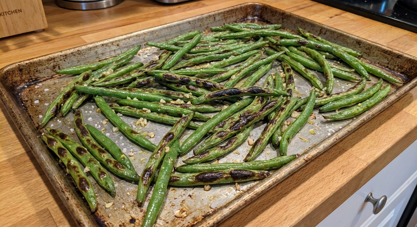 A real photograph of roasted green beans on a sheet pan with browned blistered spots