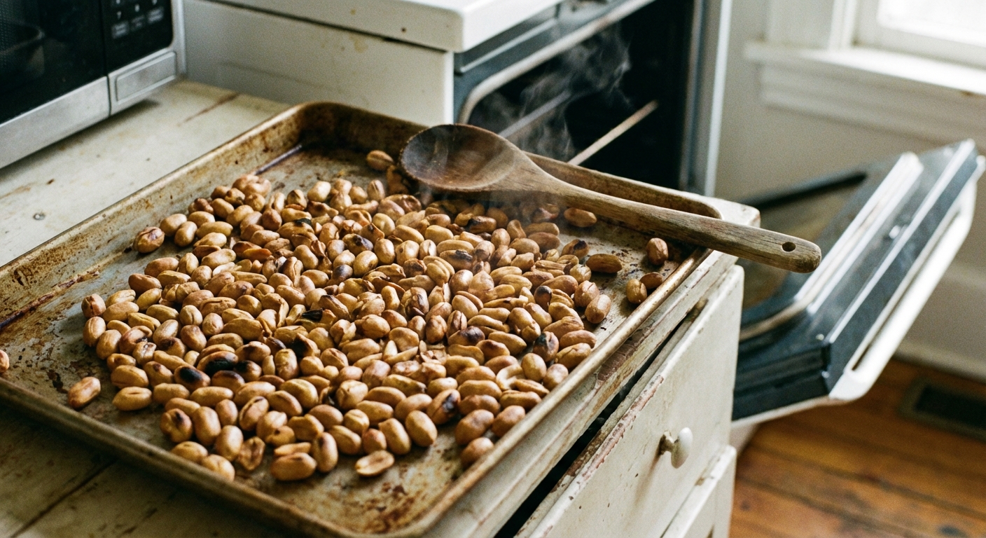 A real photograph of roasted peanuts on a baking sheet just out of the oven, with a wooden spoon resting on the edge and visible toasted color
