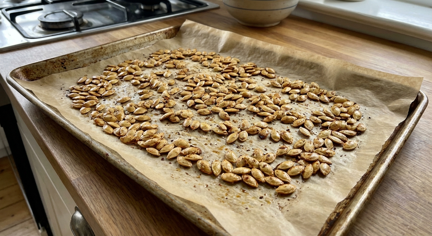 A real photograph of roasted pumpkin seeds spread in a single layer on a parchment-lined sheet pan, lightly golden and crisp