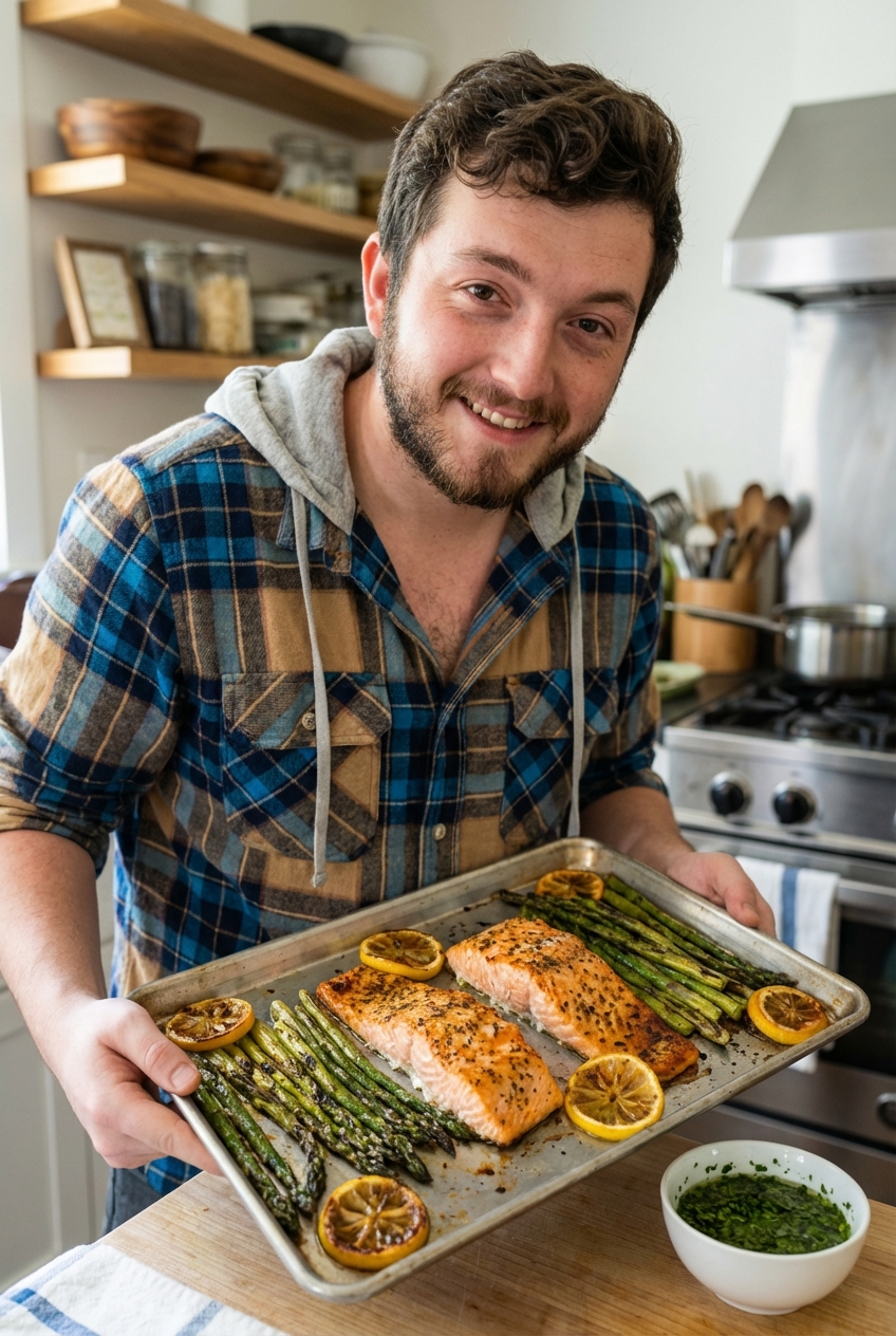A real photograph of roasted salmon fillets on a sheet pan with lemon slices, asparagus, and a small bowl of green herb sauce on the side