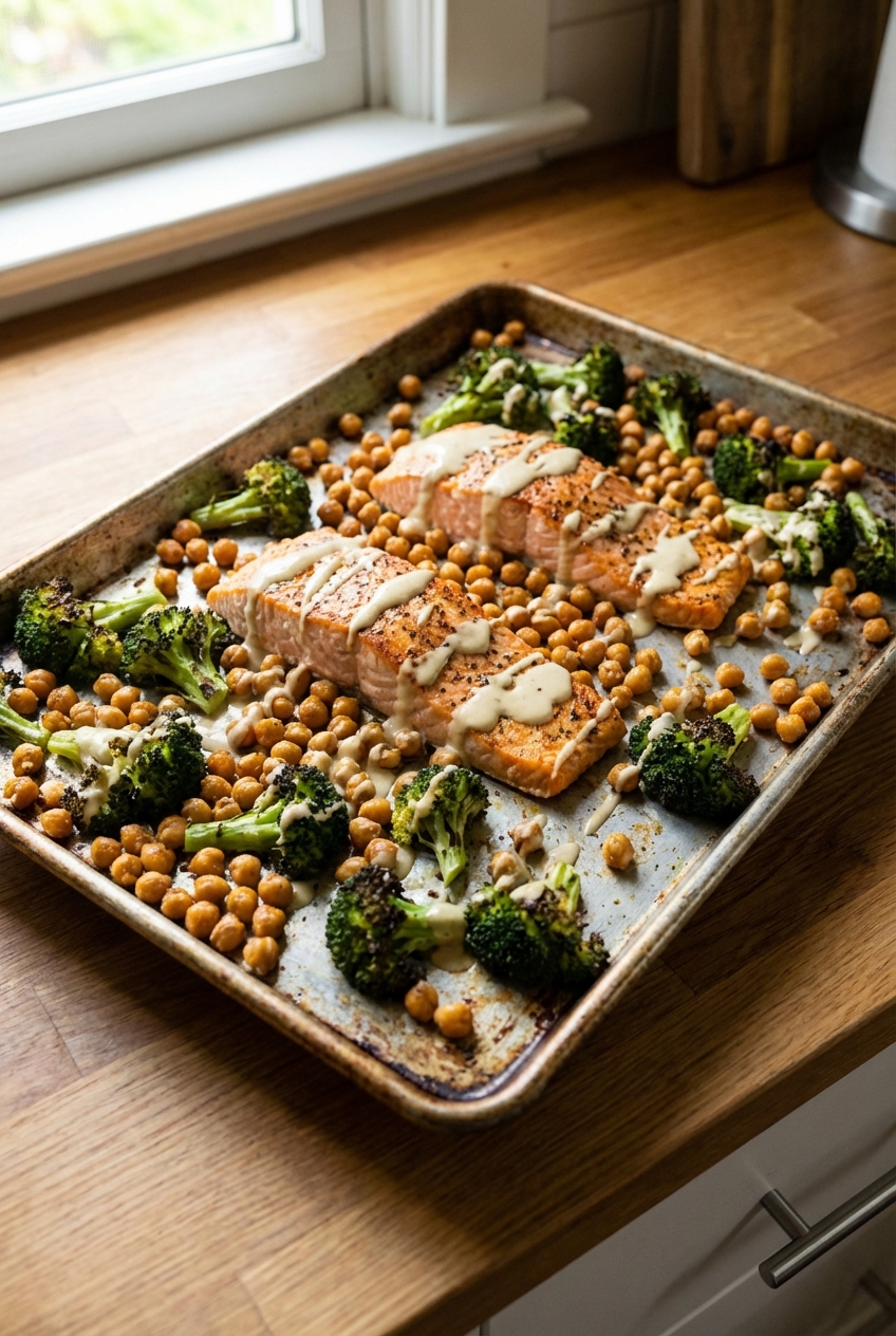 Sheet Pan Salmon with Crispy Chickpeas and Lemon Tahini