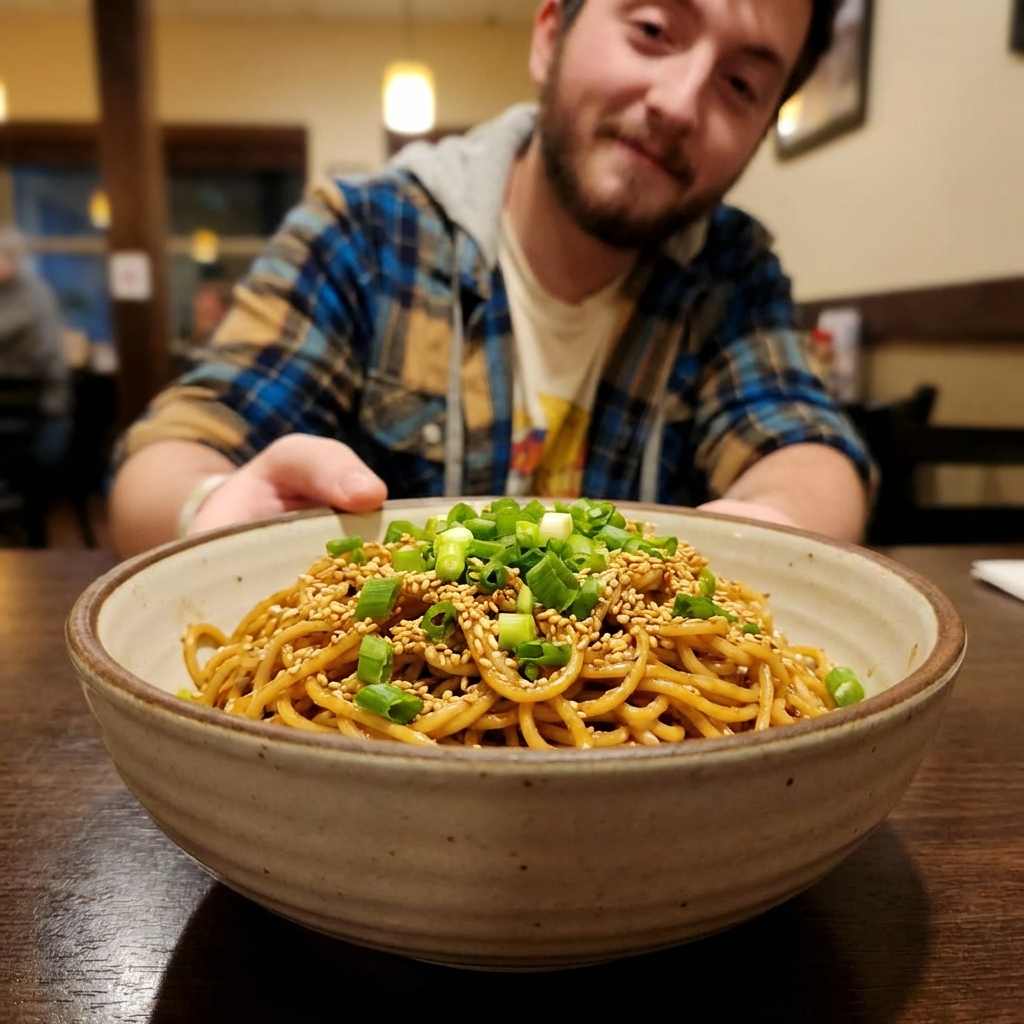 A real photograph of roasted sesame noodles in a bowl with scallions and sesame seeds