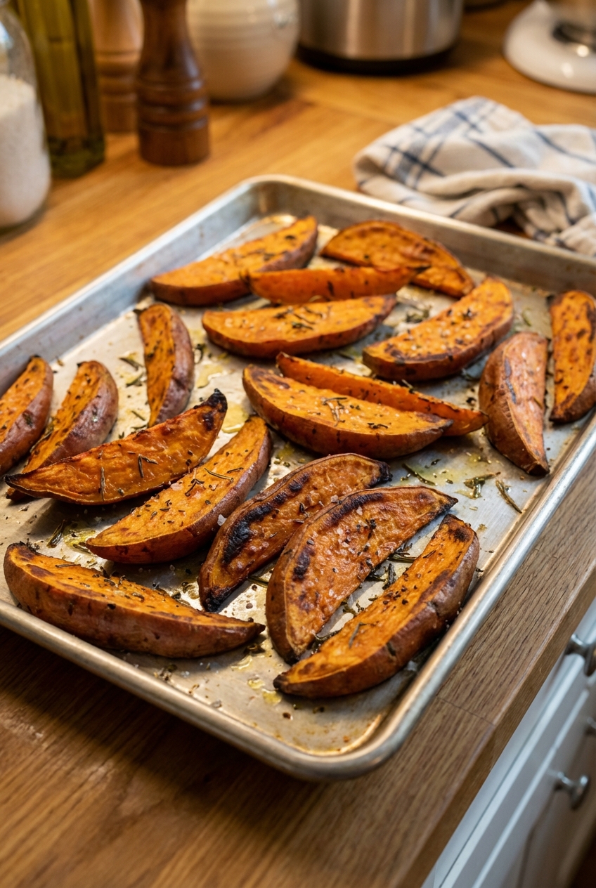A real photograph of roasted sweet potato wedges on a baking sheet with browned edges