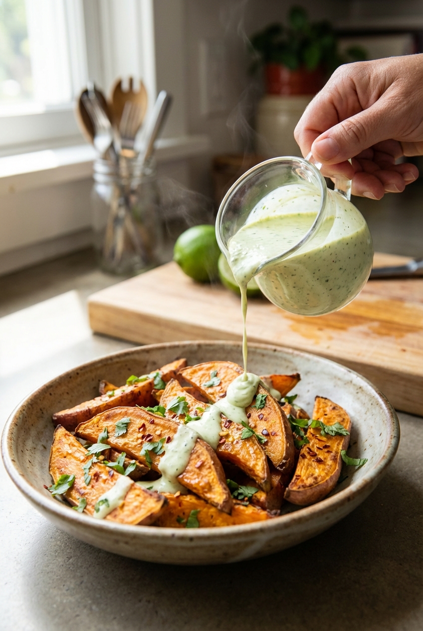 A real photograph of roasted sweet potatoes in a serving bowl being drizzled with a lime-garlic sauce