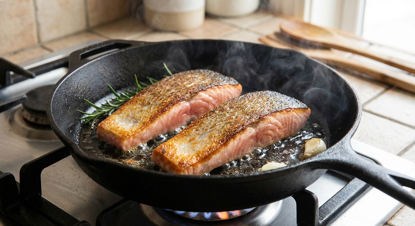 A real photograph of salmon fillets being seared in a skillet with golden browned surfaces and lightly sizzling oil