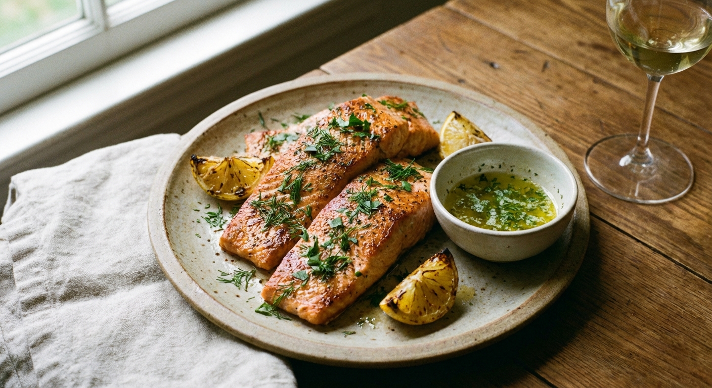 A real photograph of salmon fillets on a plate with lemon wedges and chopped herbs next to a small bowl of melted butter