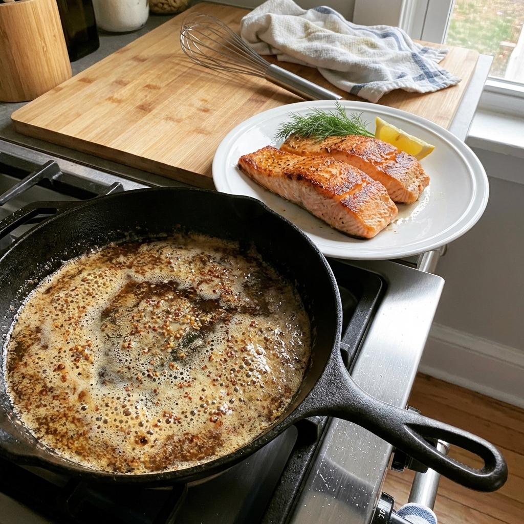 A real photograph of salmon fillets resting on a plate while a skillet pan sauce simmers with browned butter and mustard