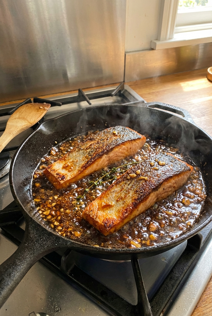 A real photograph of salmon fillets searing in a skillet with bubbling honey garlic sauce