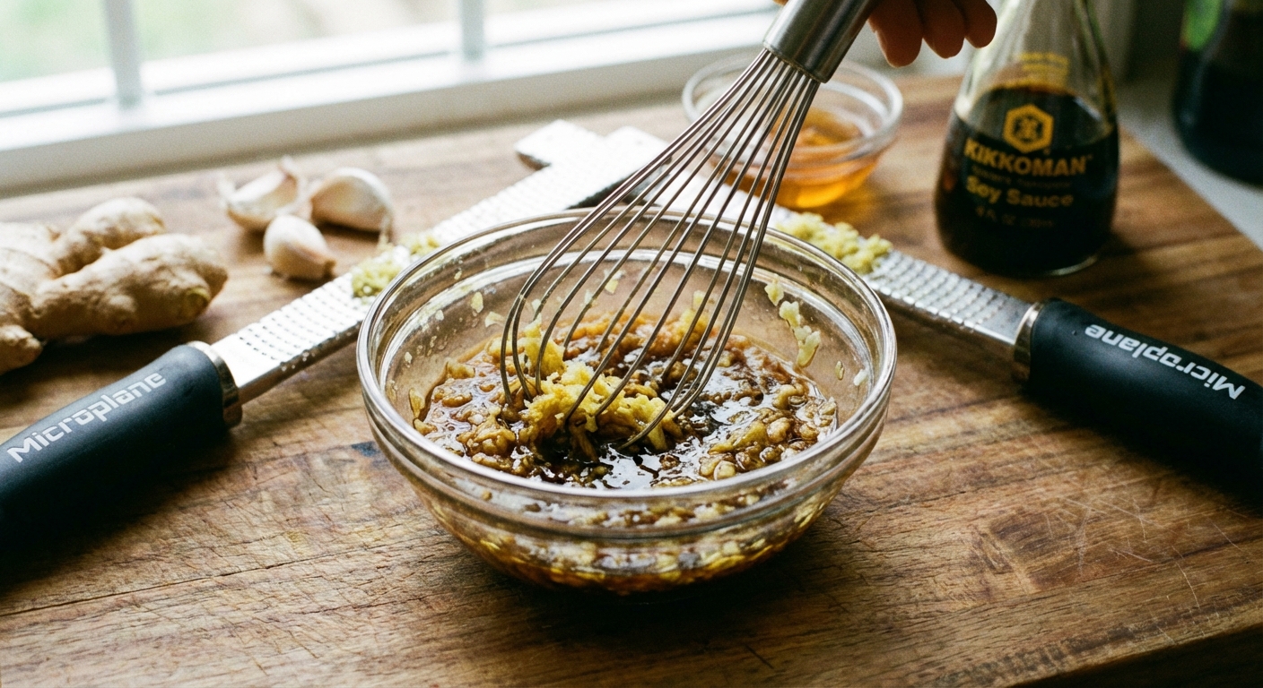 A real photograph of salmon marinade being whisked in a small glass bowl with visible grated ginger and minced garlic