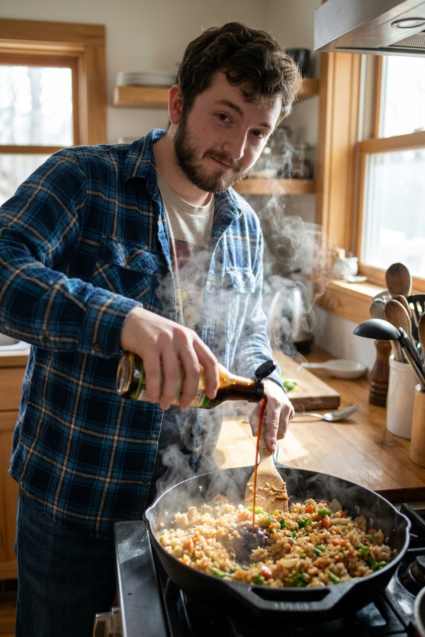 A real photograph of sauce being poured into a hot skillet of fried rice, with visible steam and a spatula stirring in a home kitchen