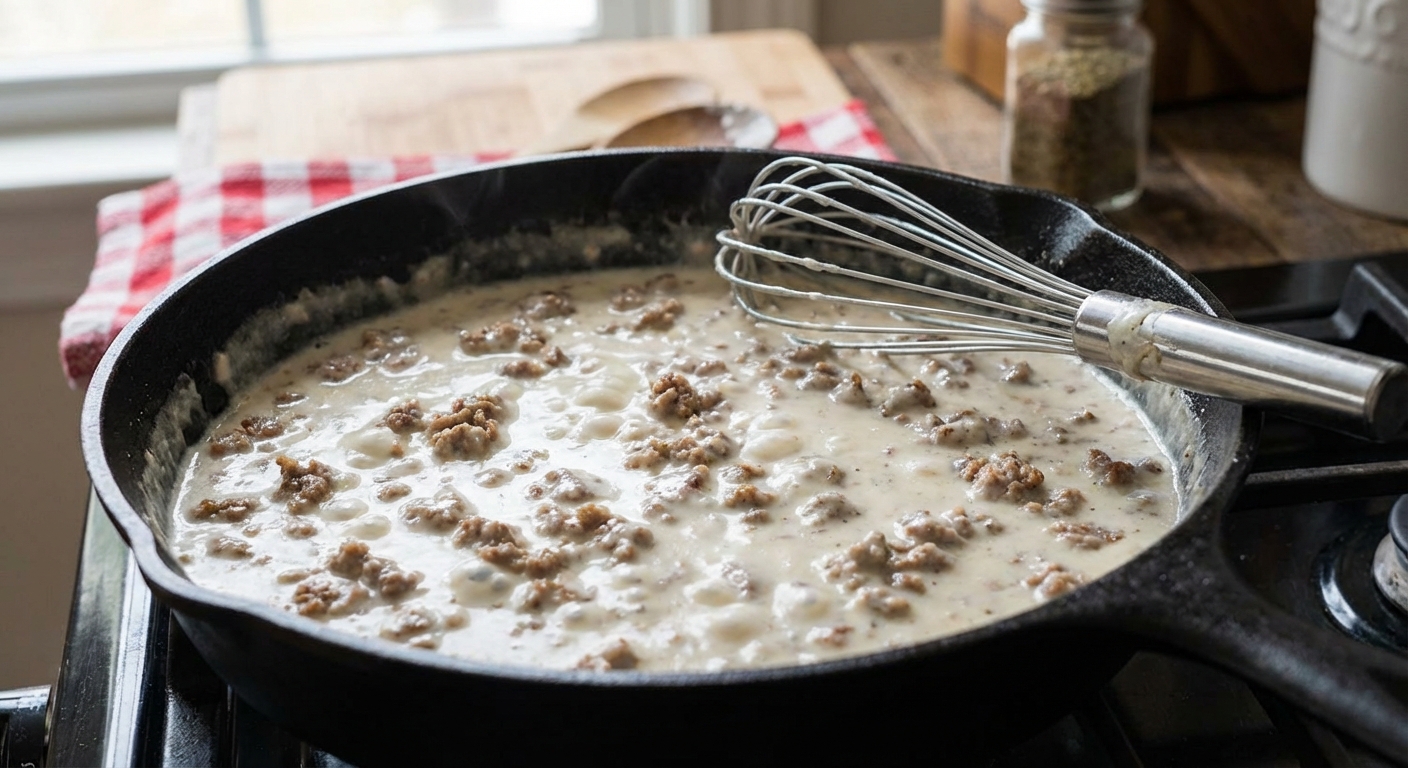 A real photograph of sausage gravy simmering in a black skillet with a whisk resting on the edge