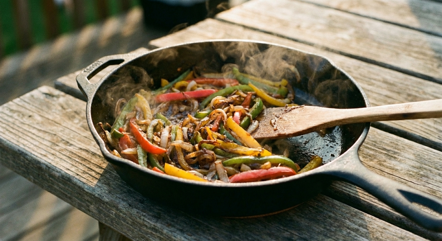 A real photograph of sautéed bell peppers and onions in a skillet