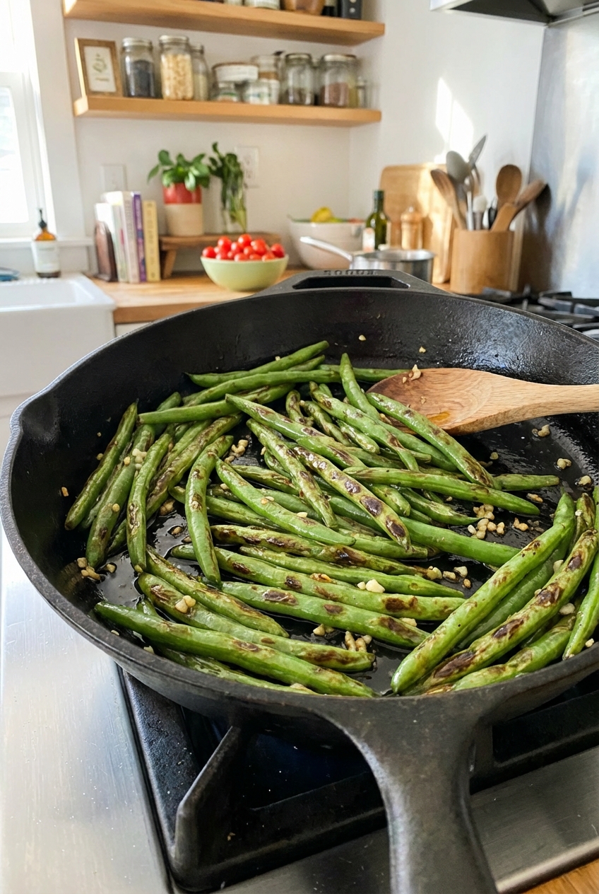 A real photograph of sautéed garlic green beans in a skillet with browned blistered spots
