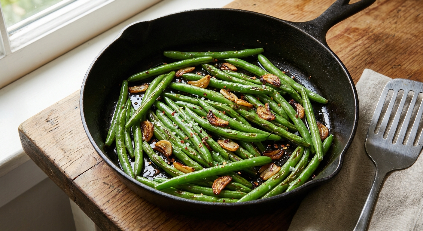 A real photograph of sautéed green beans in a skillet with browned garlic