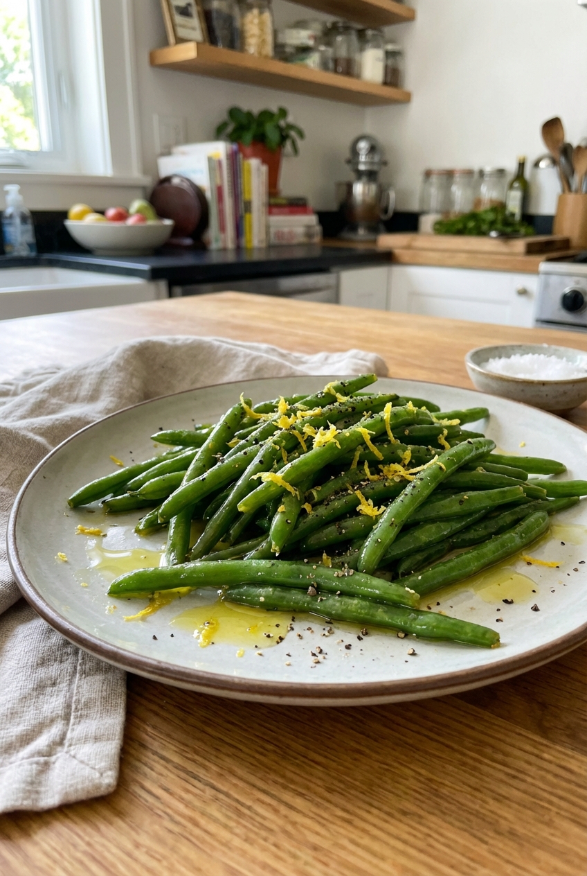 A real photograph of sautéed green beans on a plate with lemon zest and cracked black pepper