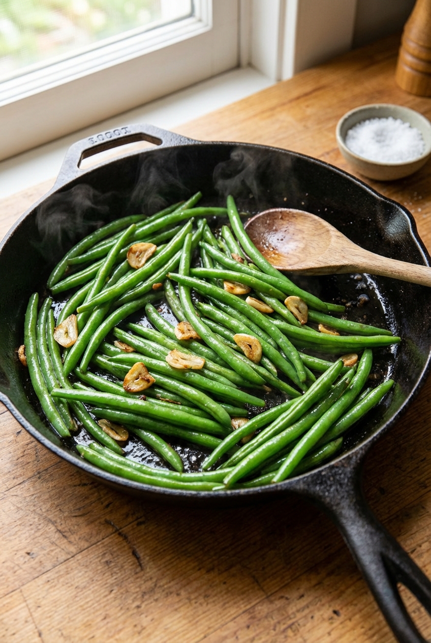 A real photograph of sautéed green beans with garlic in a skillet on a wooden counter