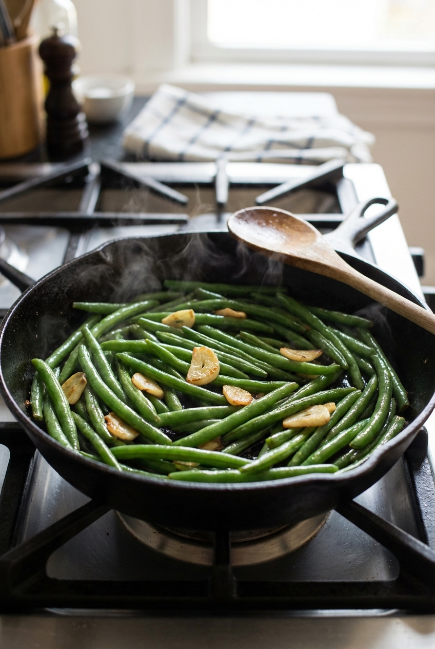 A real photograph of sautéed green beans with garlic in a skillet