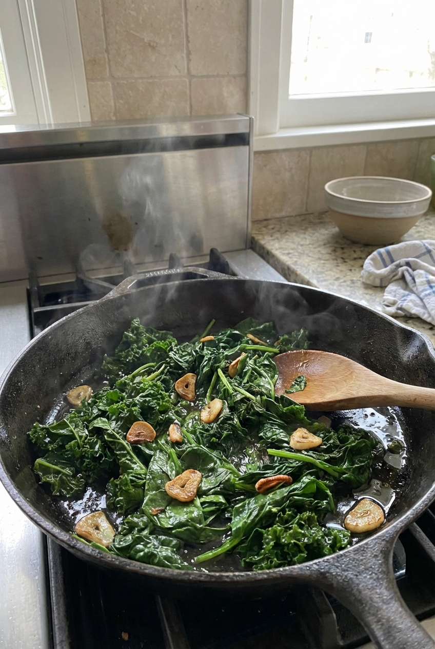 A real photograph of sautéed leafy greens with garlic in a skillet