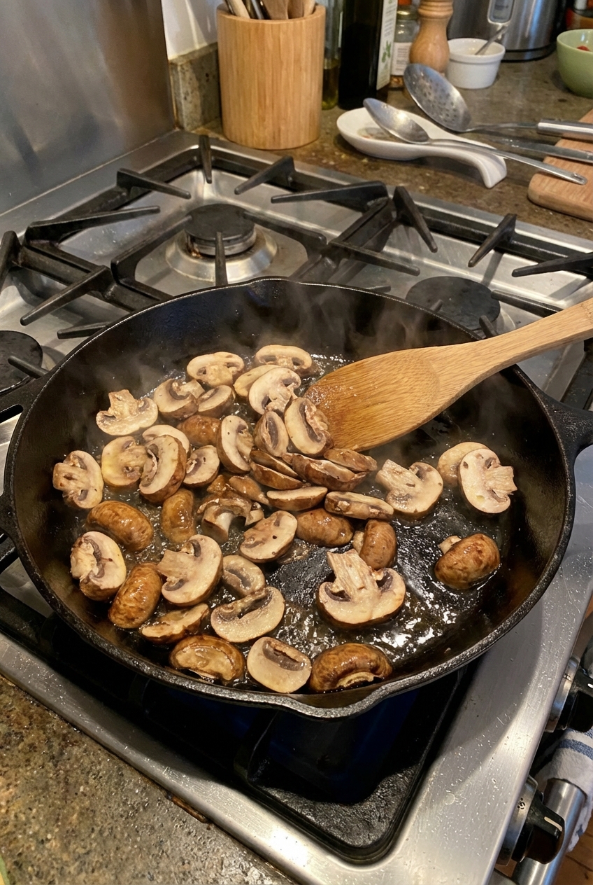 A real photograph of sautéed mushrooms browning in a skillet with a wooden spoon