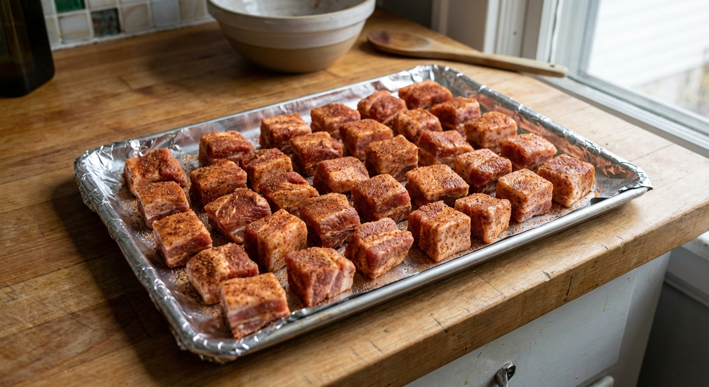 A real photograph of seasoned pork belly cubes spread out on a foil-lined sheet pan before cooking