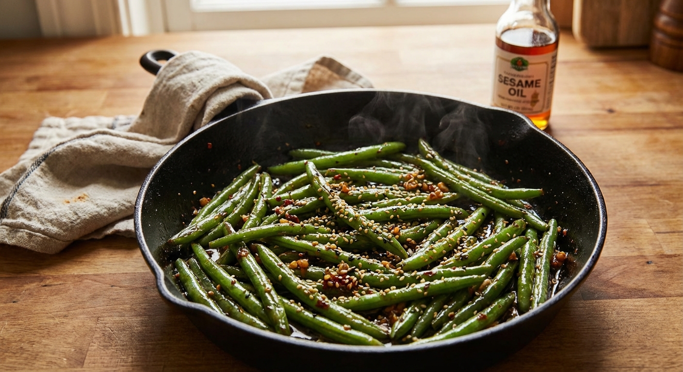 A real photograph of sesame garlic green beans in a skillet with toasted sesame seeds sprinkled on top