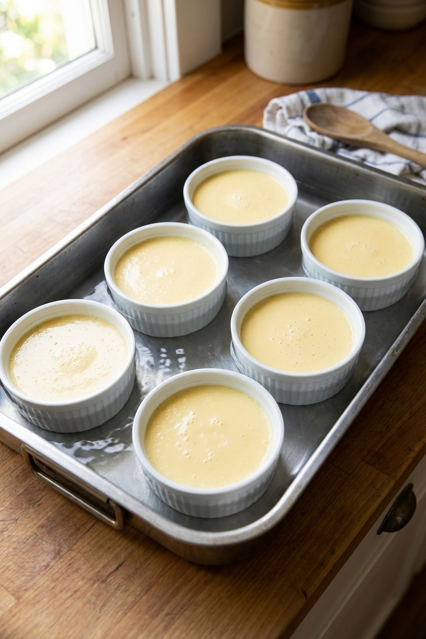 A real photograph of several white ceramic ramekins filled with pale custard mixture sitting inside a metal roasting pan, with hot water poured around them for a water bath, shot from above in a bright home kitchen