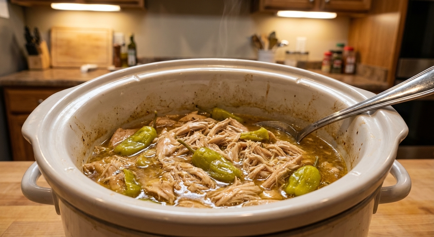 A real photograph of shredded Mississippi chicken in a slow cooker with pepperoncini peppers and a glossy buttery gravy, a serving spoon resting on the edge, warm kitchen lighting