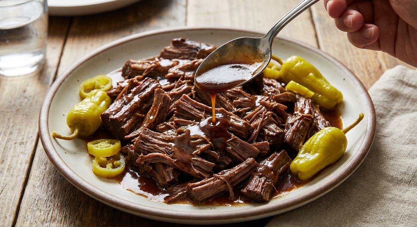 A real photograph of shredded Mississippi pot roast on a plate with pepperoncini and a spoon drizzling glossy reduced pot juices over the meat