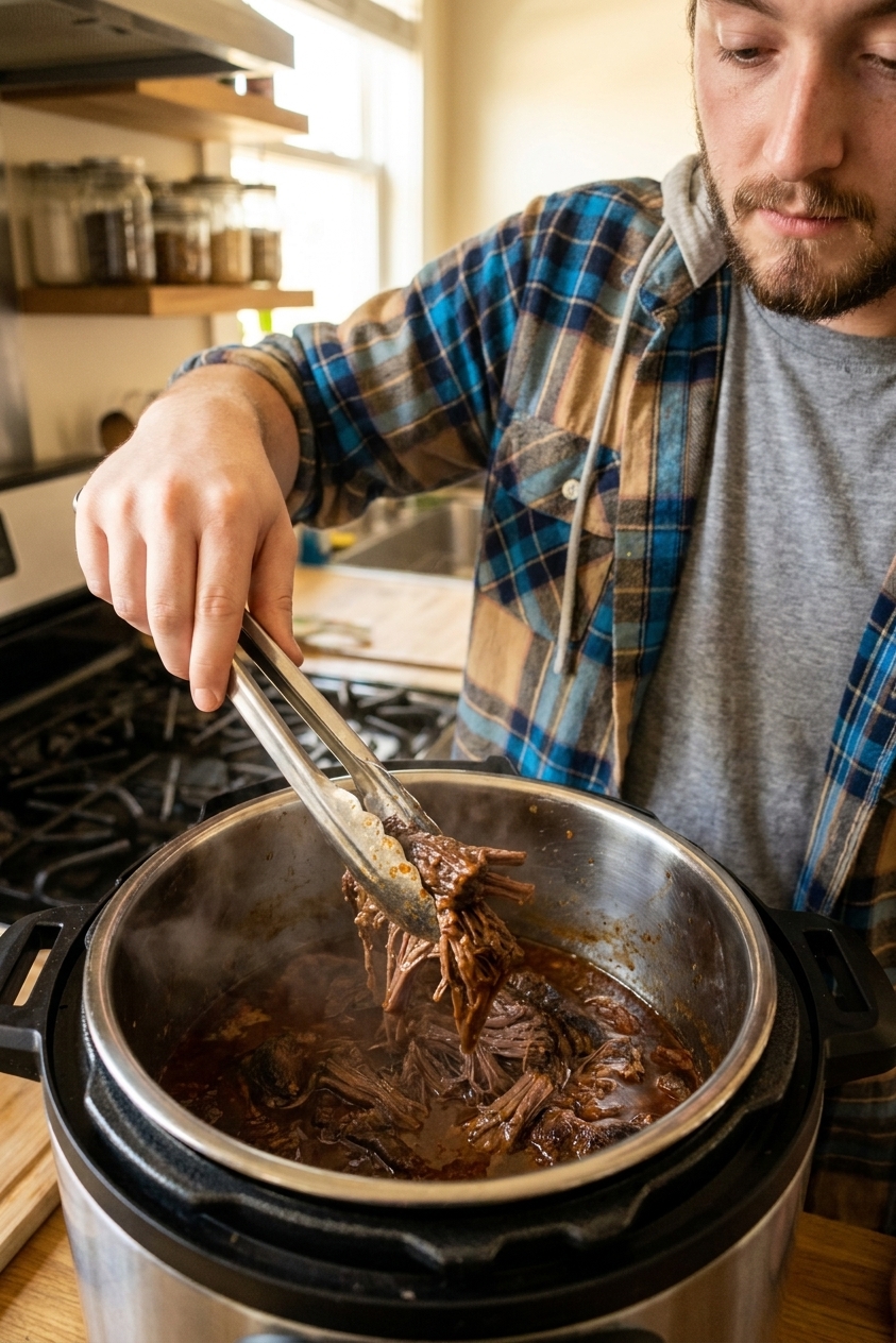 A real photograph of shredded barbacoa beef inside an Instant Pot insert with tongs pulling the meat apart and sauce pooling around it