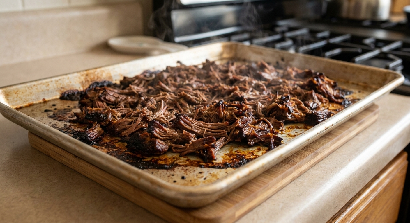 A real photograph of shredded barbacoa beef on a rimmed baking sheet with browned crispy edges fresh from the broiler