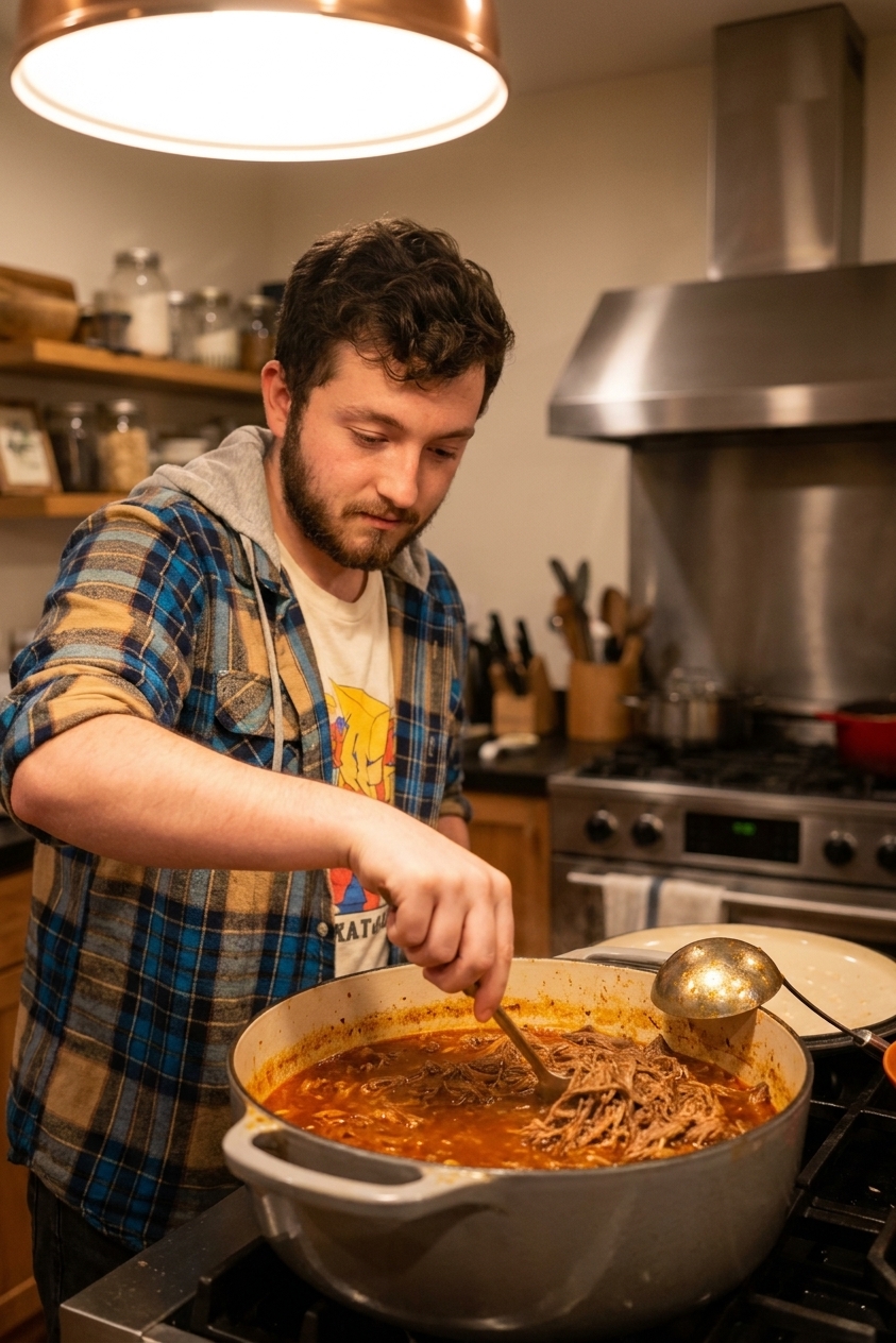 A real photograph of shredded birria beef in a Dutch oven with reddish broth, a ladle resting on the rim, warm kitchen lighting