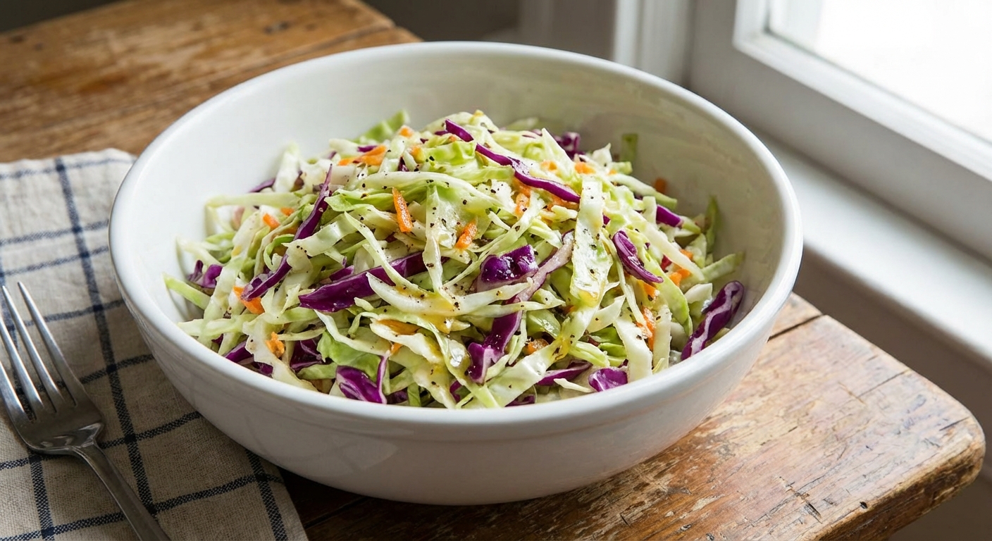 A real photograph of shredded cabbage slaw in a bowl with a light dressing