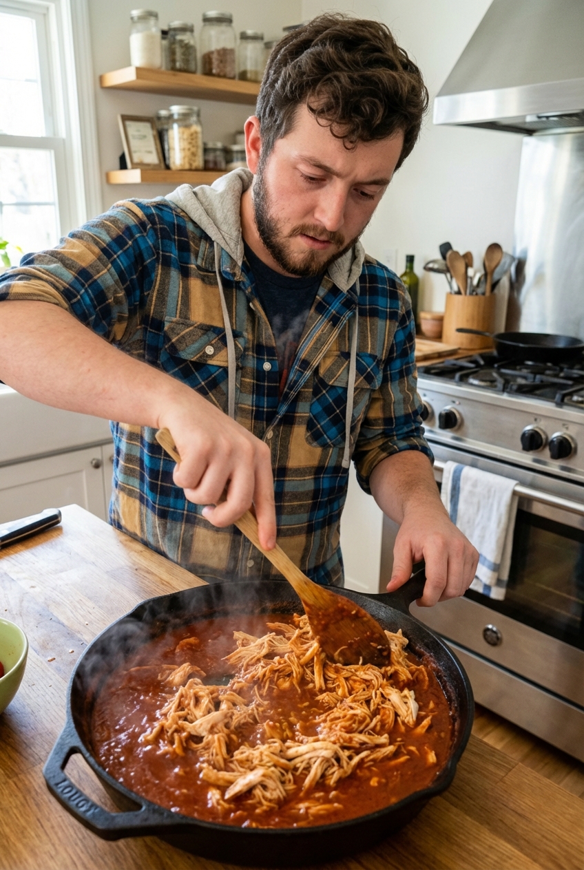 A real photograph of shredded chicken being stirred into a thick smoky red tinga sauce in a skillet with a wooden spoon