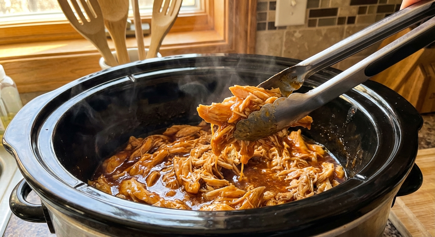 A real photograph of shredded chicken in a slow cooker with glossy sweet and spicy sauce and a pair of tongs