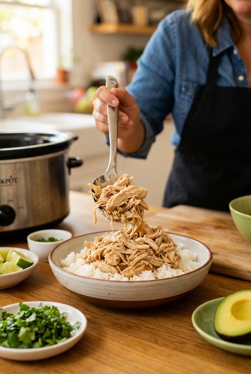 A real photograph of shredded crockpot chicken being piled into a bowl with rice and toppings