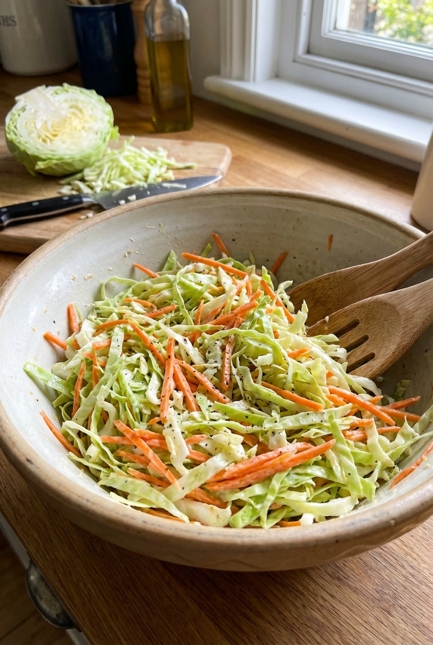 A real photograph of shredded green cabbage and carrots in a large mixing bowl on a kitchen counter