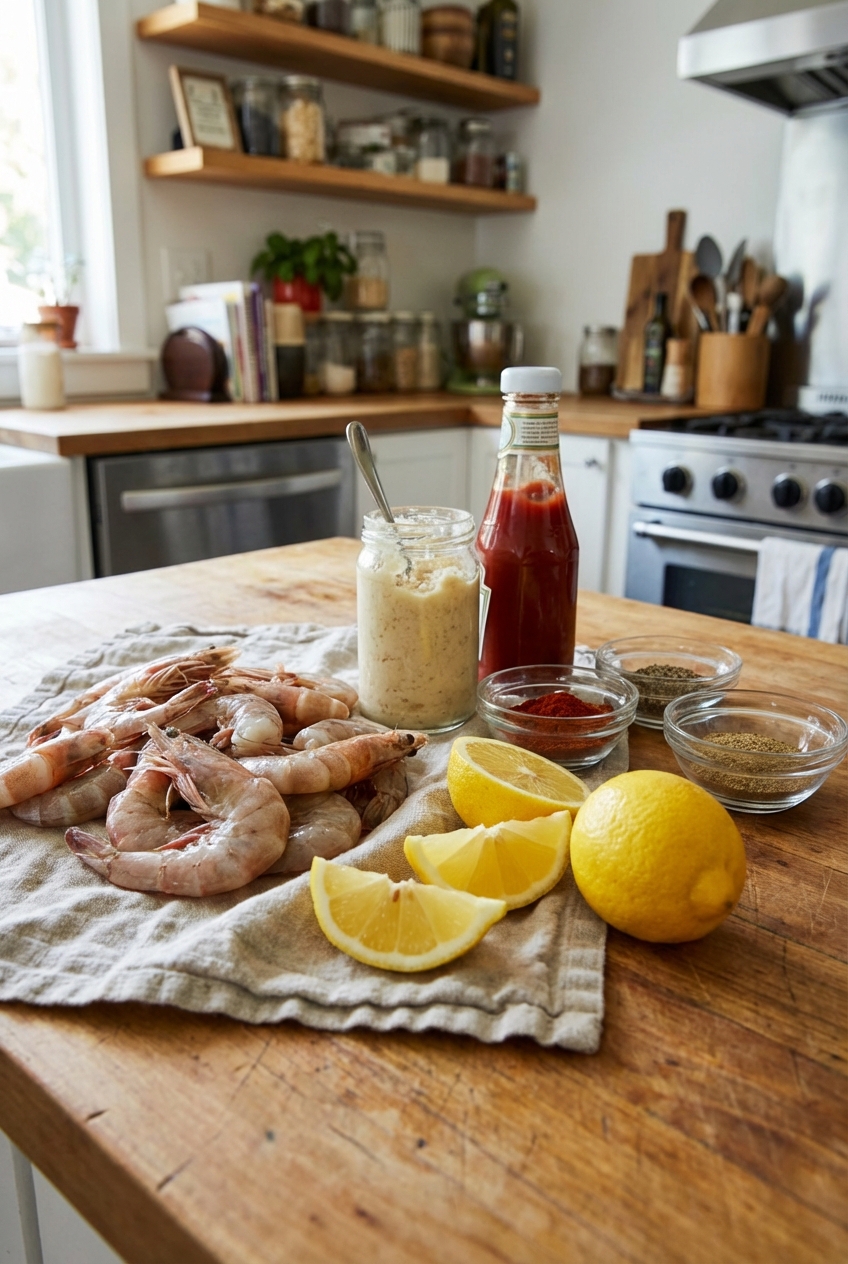 A real photograph of shrimp, lemon, horseradish, ketchup, and spices arranged on a kitchen counter ready for prep