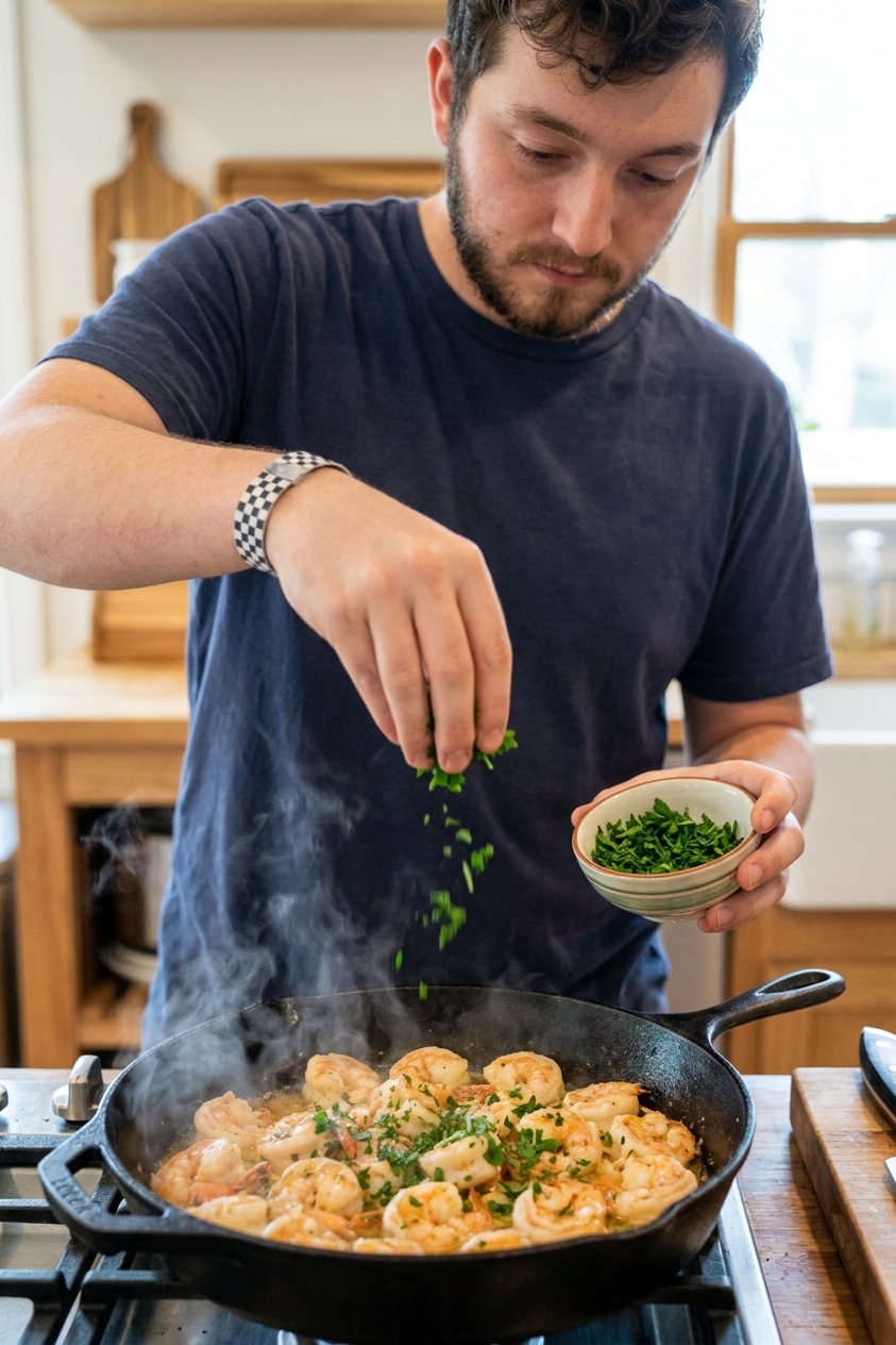 A real photograph of shrimp scampi in a skillet being finished with chopped parsley, close-up action shot