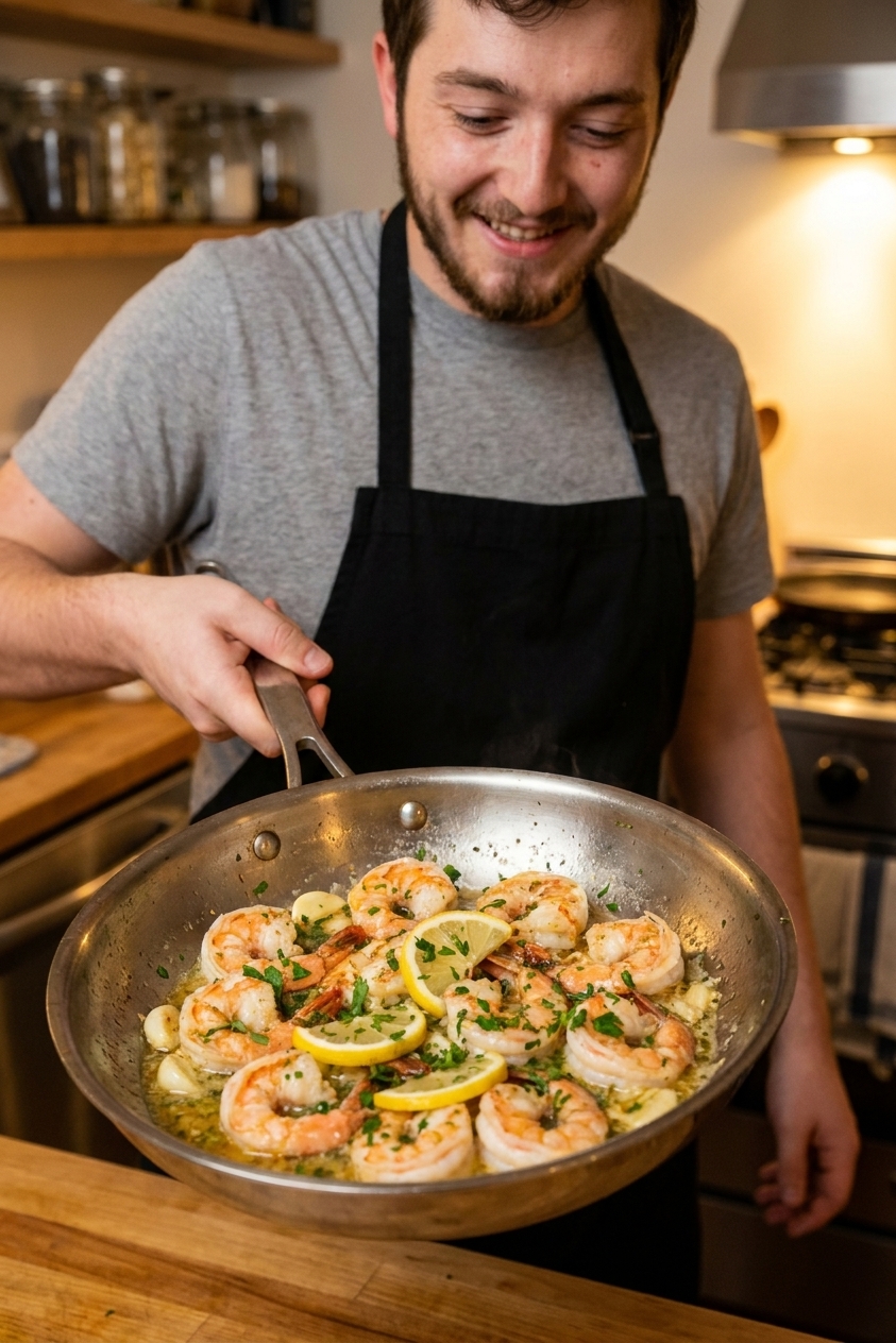 A real photograph of shrimp scampi in a stainless-steel skillet with garlic, lemon slices, chopped parsley, and a glossy butter sauce, warm kitchen lighting